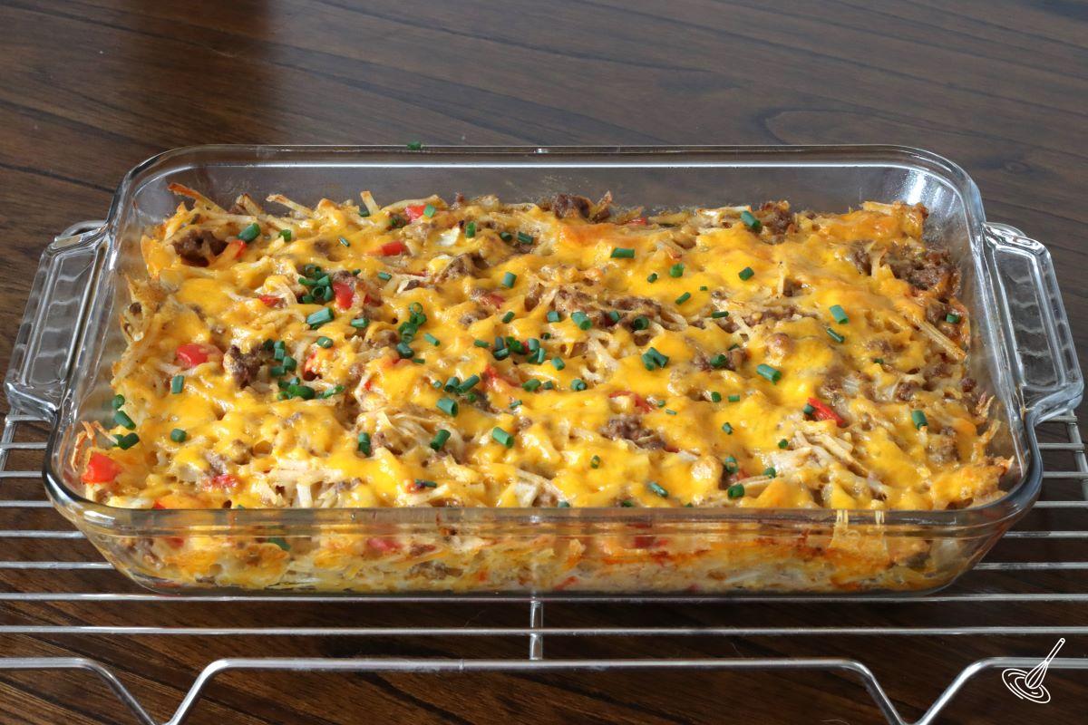 A cooked Taco Hashbrown Casserole on a cooling rack.