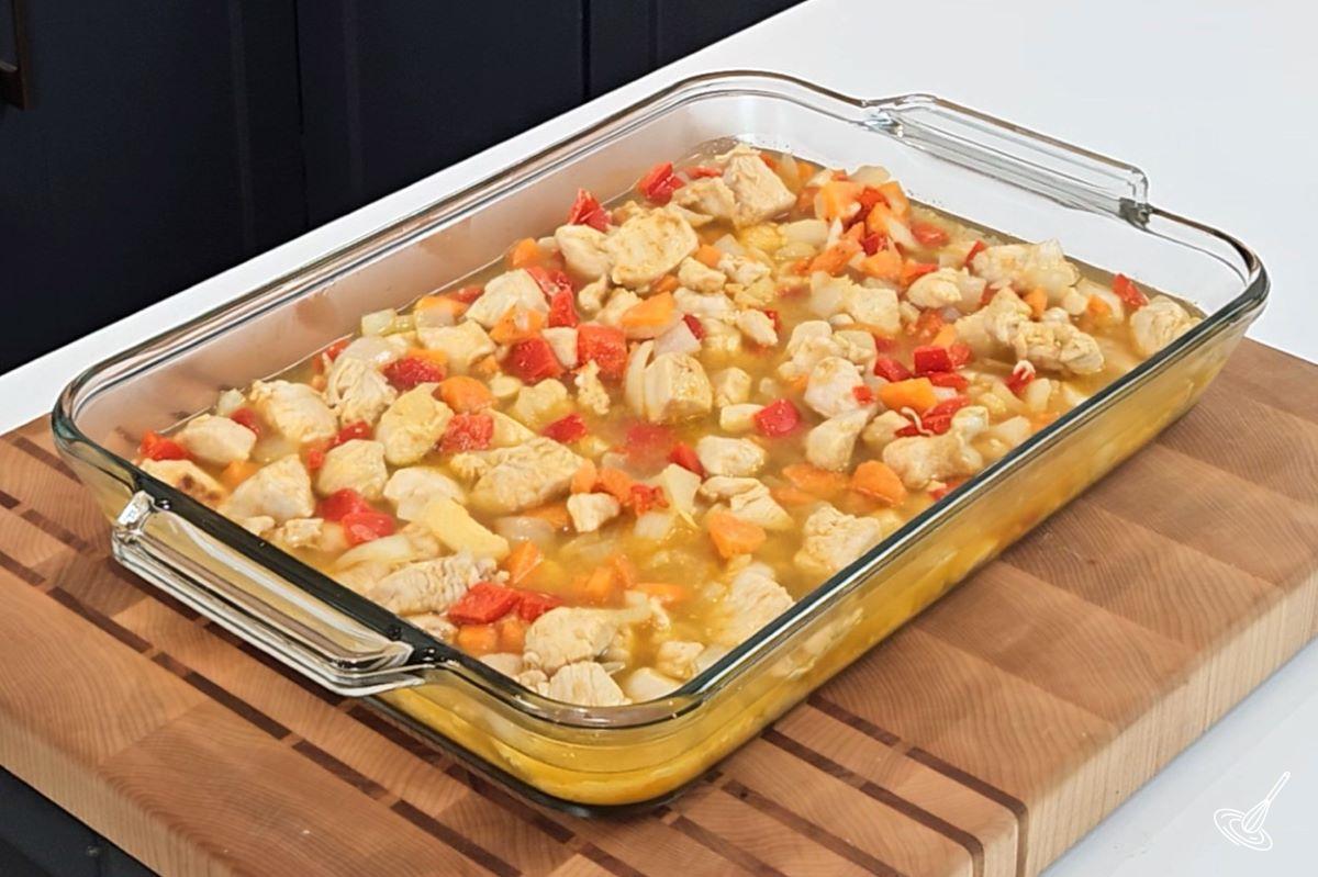 Chicken Yellow Rice Casserole assembled.