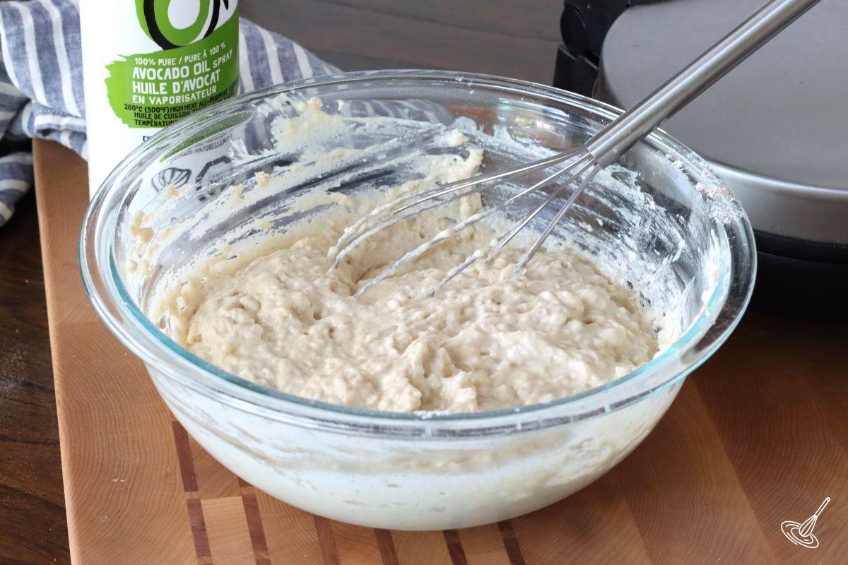 A bowl of Greek Yogurt Waffles batter.