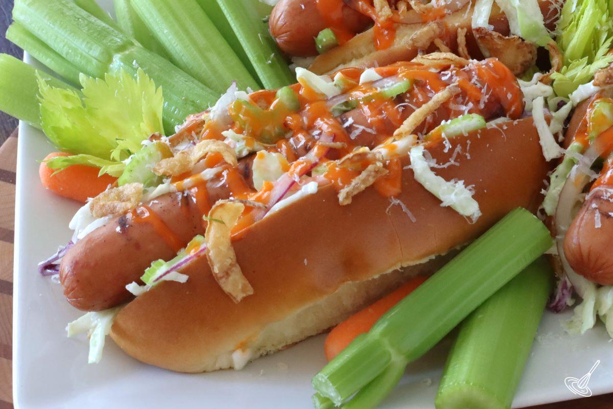 Buffalo Hot Dogs on a plate.