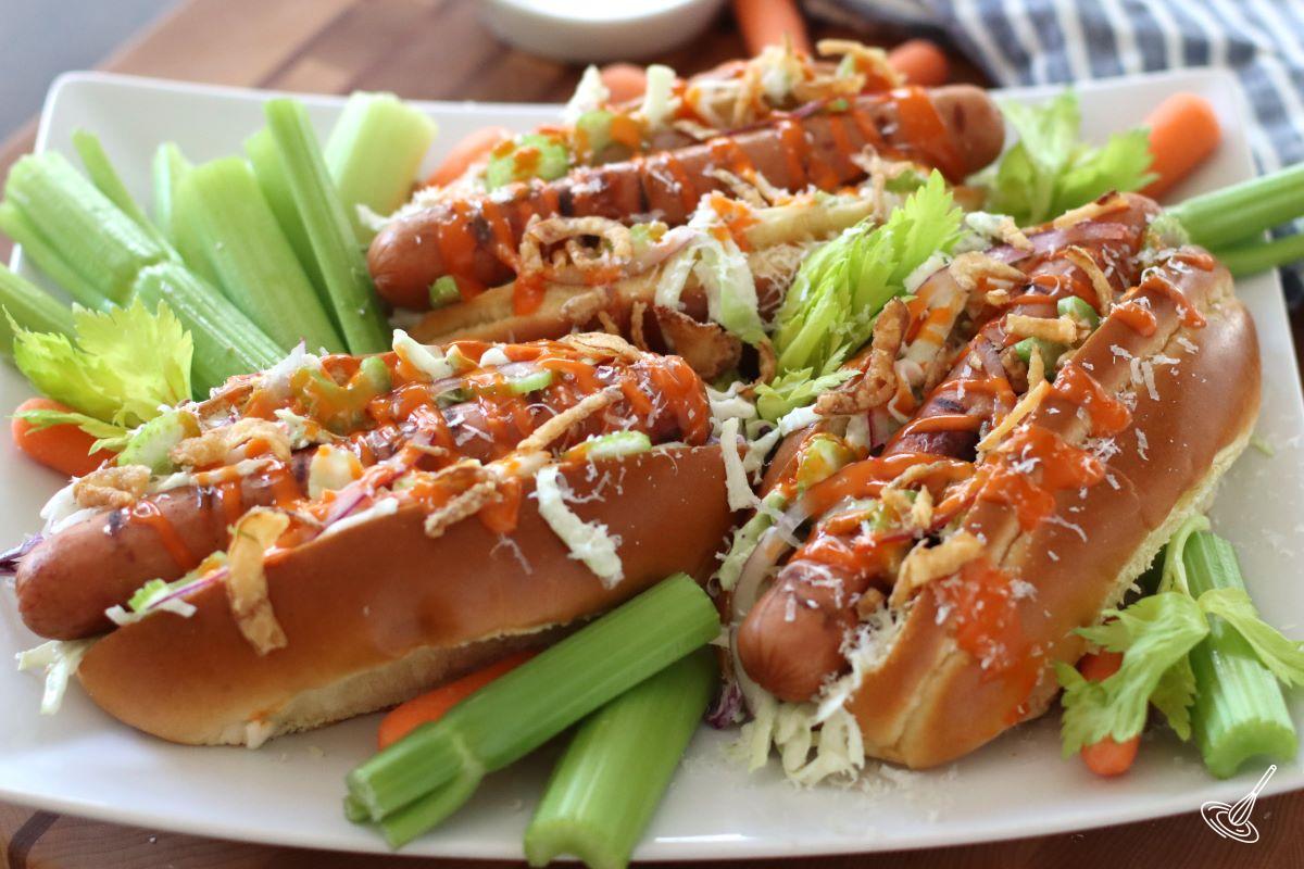 Buffalo Hot Dogs on a platter.