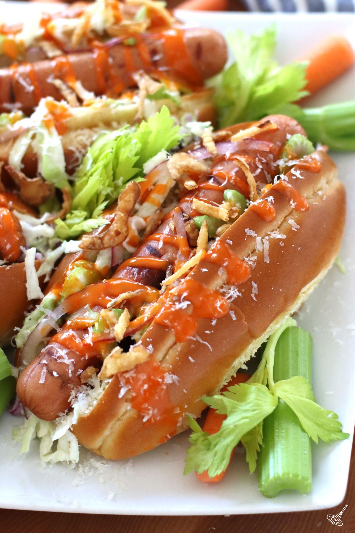 Buffalo Hot Dogs on a plate. 