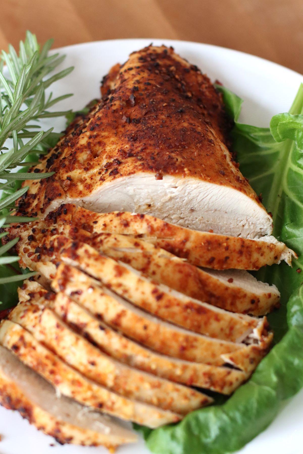 Convection Oven cooked Turkey Breast sliced on a platter.
