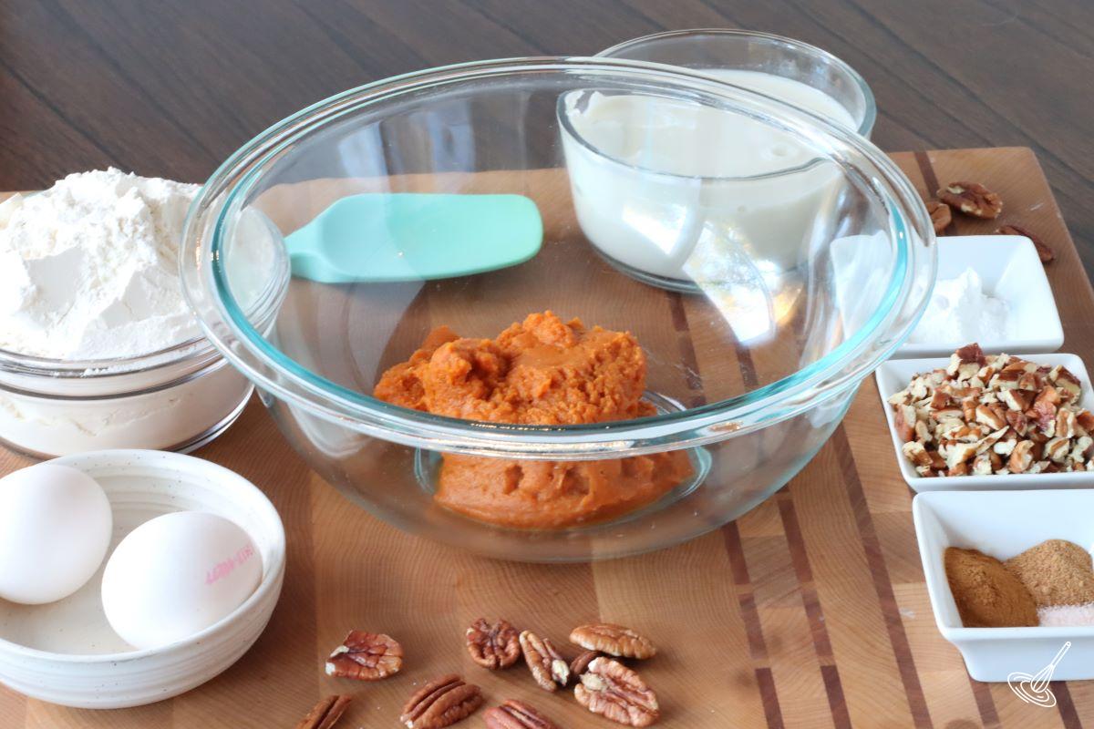 A large bowl containing pumpkin puree.