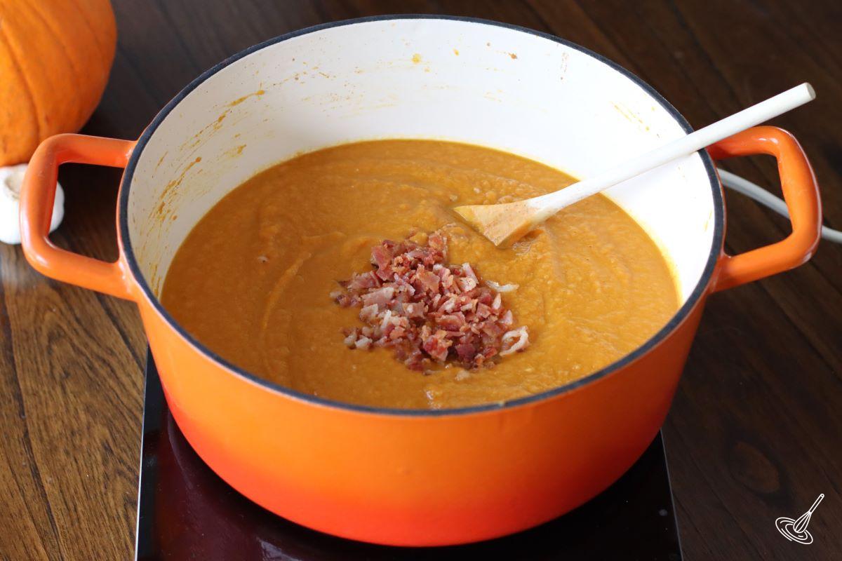 Chopped bacon added to Apple Bacon Pumpkin Soup.