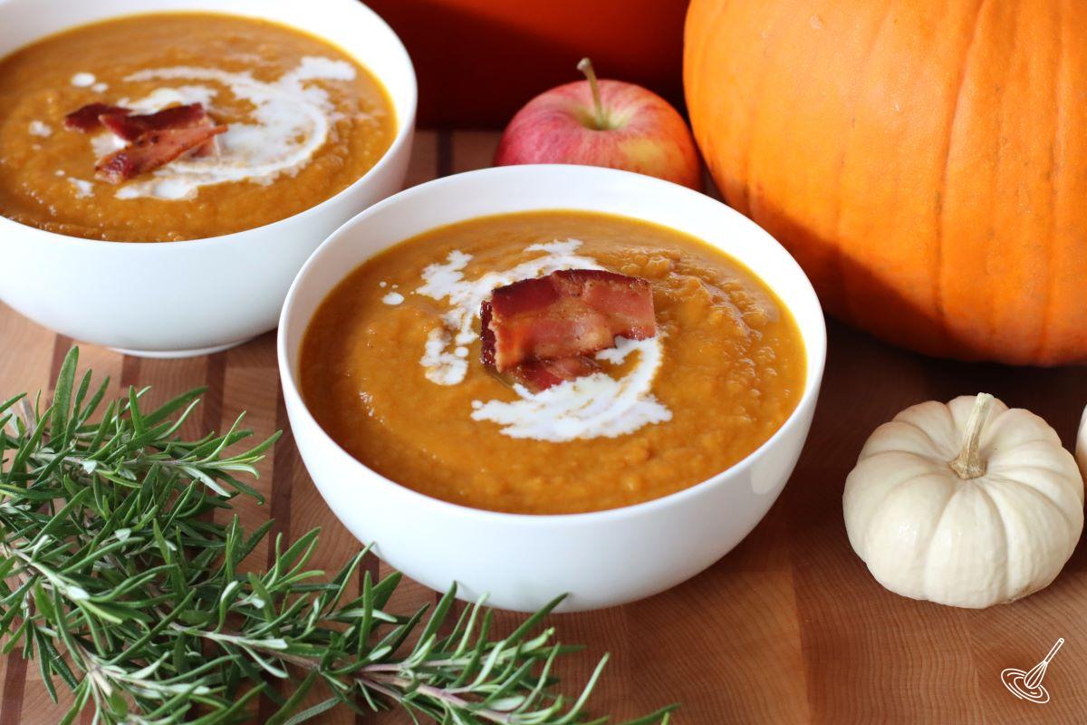 Two bowls of Apple Bacon Pumpkin Soup.