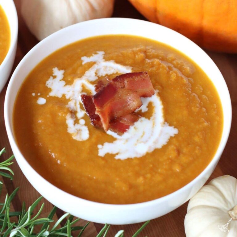 Apple Bacon Pumpkin Soup in a bowl.