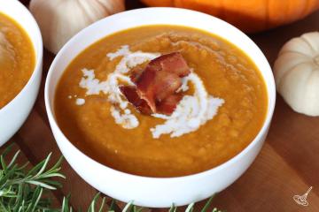 Apple Bacon Pumpkin Soup in a bowl.