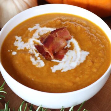Apple Bacon Pumpkin Soup in a bowl.