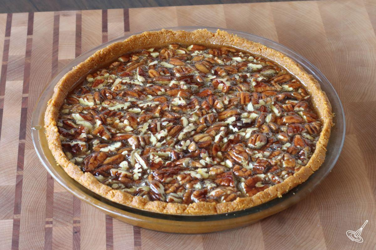 Pecan Pie with graham cracker crust before going into the oven.