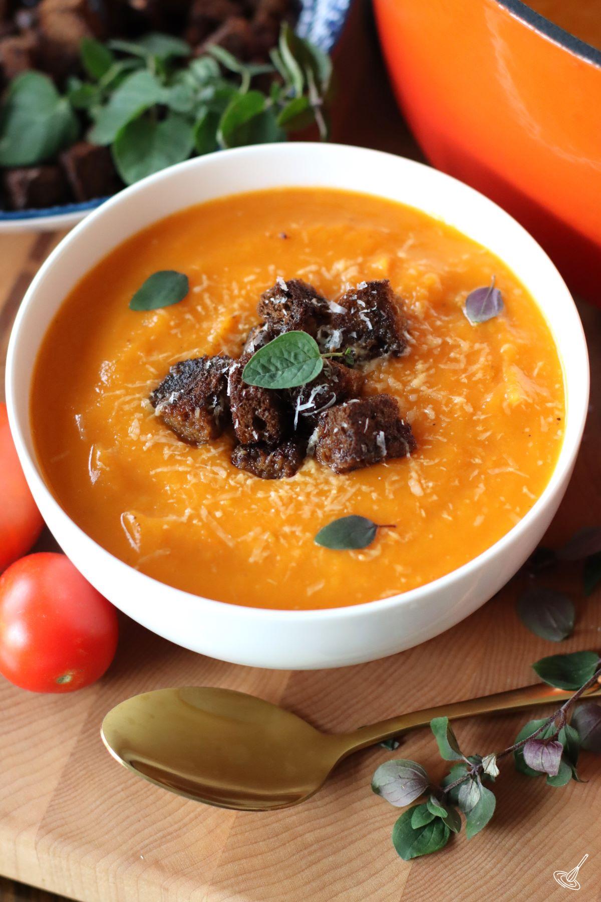 A bowl of Butternut Squash Tomato Soup. 
