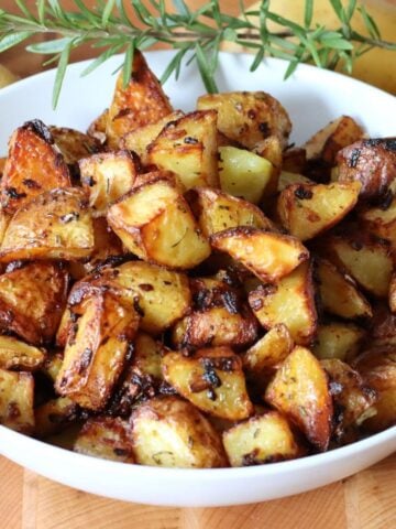 Roasted Potatoes with Onion Soup Mix in a bowl.