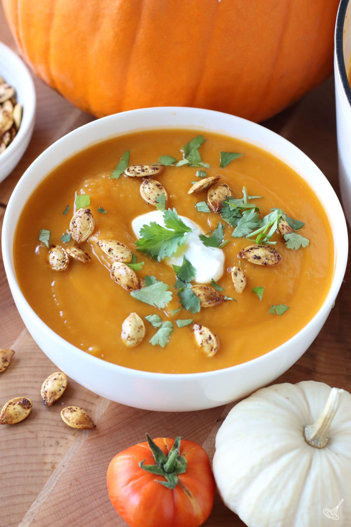 A bowl of Pumpkin Tomato Soup.
