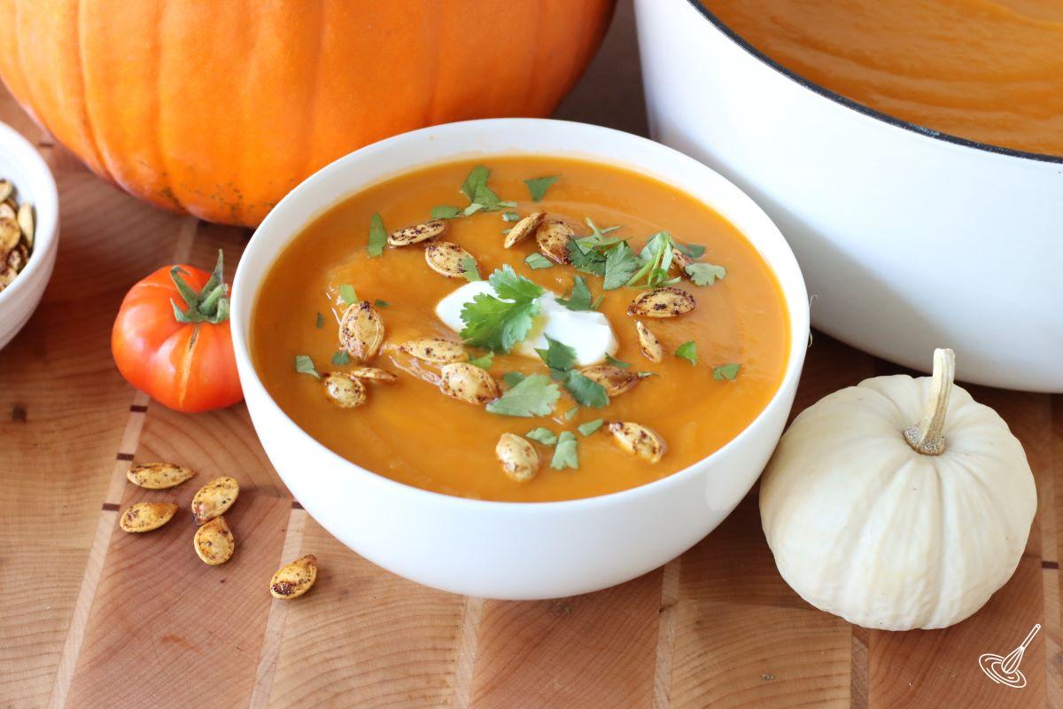 A bowl of Pumpkin Tomato Soup. 
