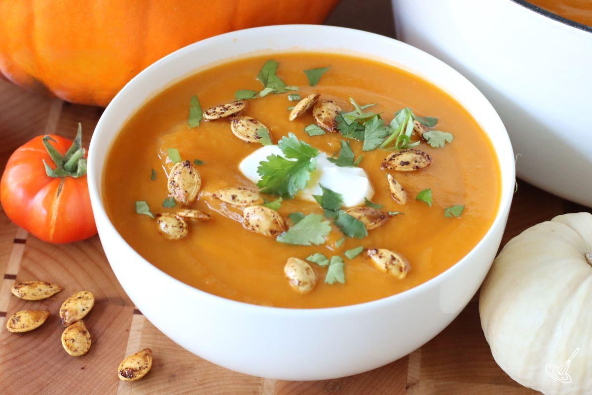 A bowl of Pumpkin Tomato Soup.