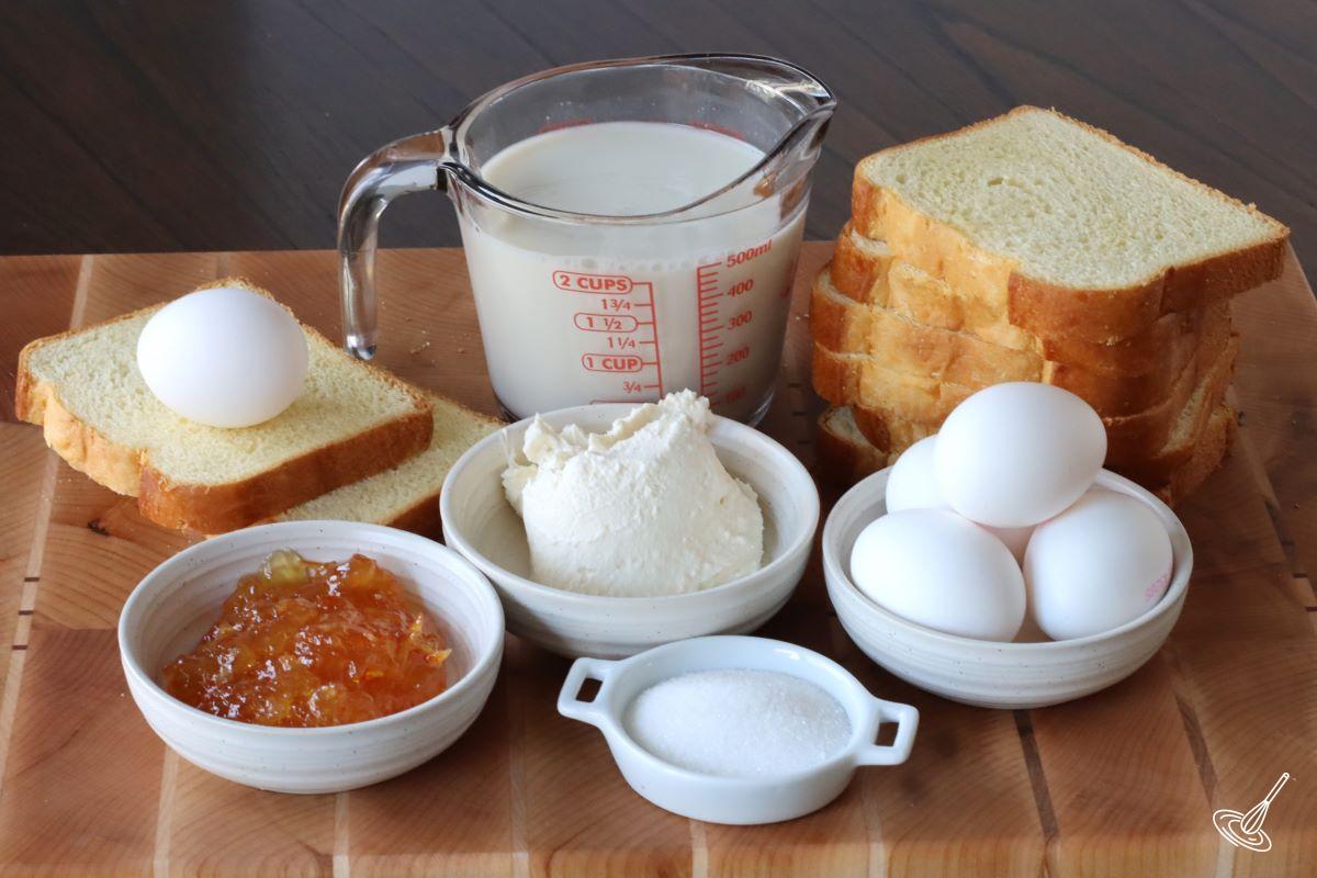 Ingredients to make a Stuffed Brioche French Toast Orange Marmalade Recipe.