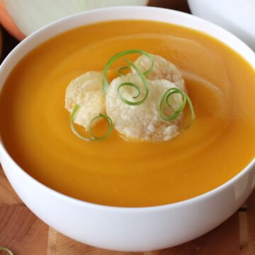 Butternut Squash and Potato Soup in a bowl.