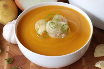Butternut Squash and Potato Soup in a bowl.