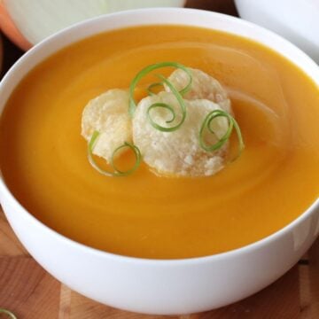 Butternut Squash and Potato Soup in a bowl.