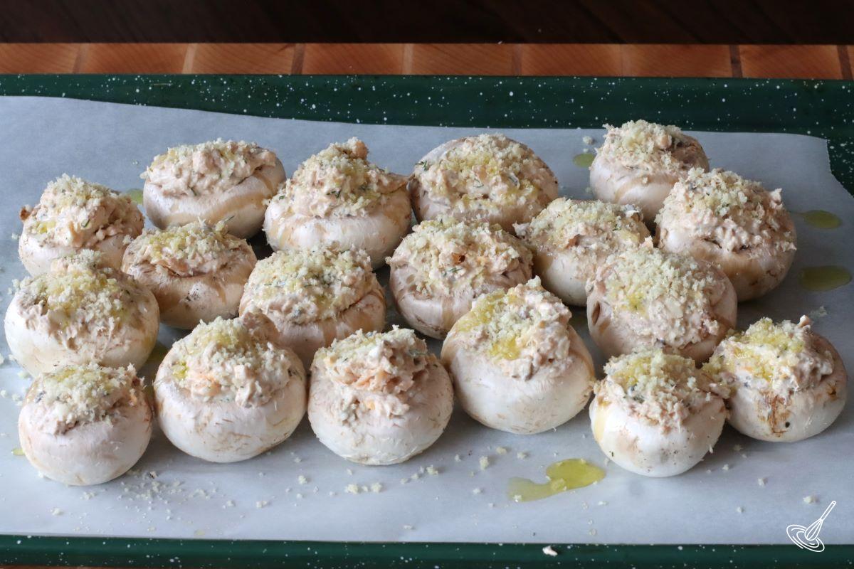 Salmon Stuffed Mushrooms on a baking tray. 