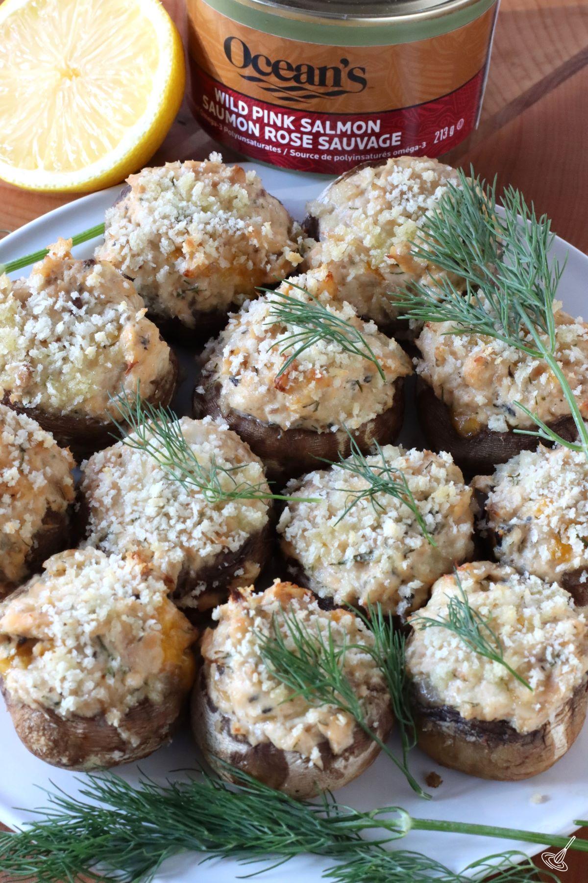 Salmon Stuffed Mushrooms on a plate.