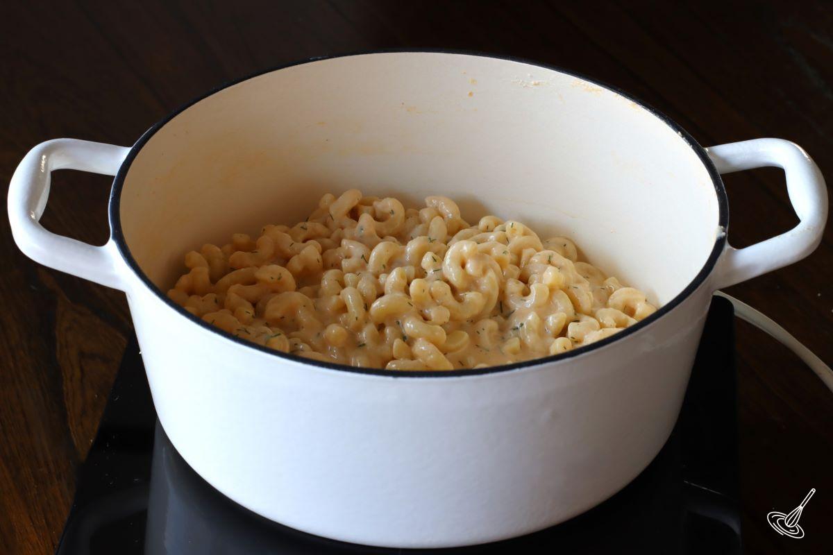 A large pot of protein mac and cheese.