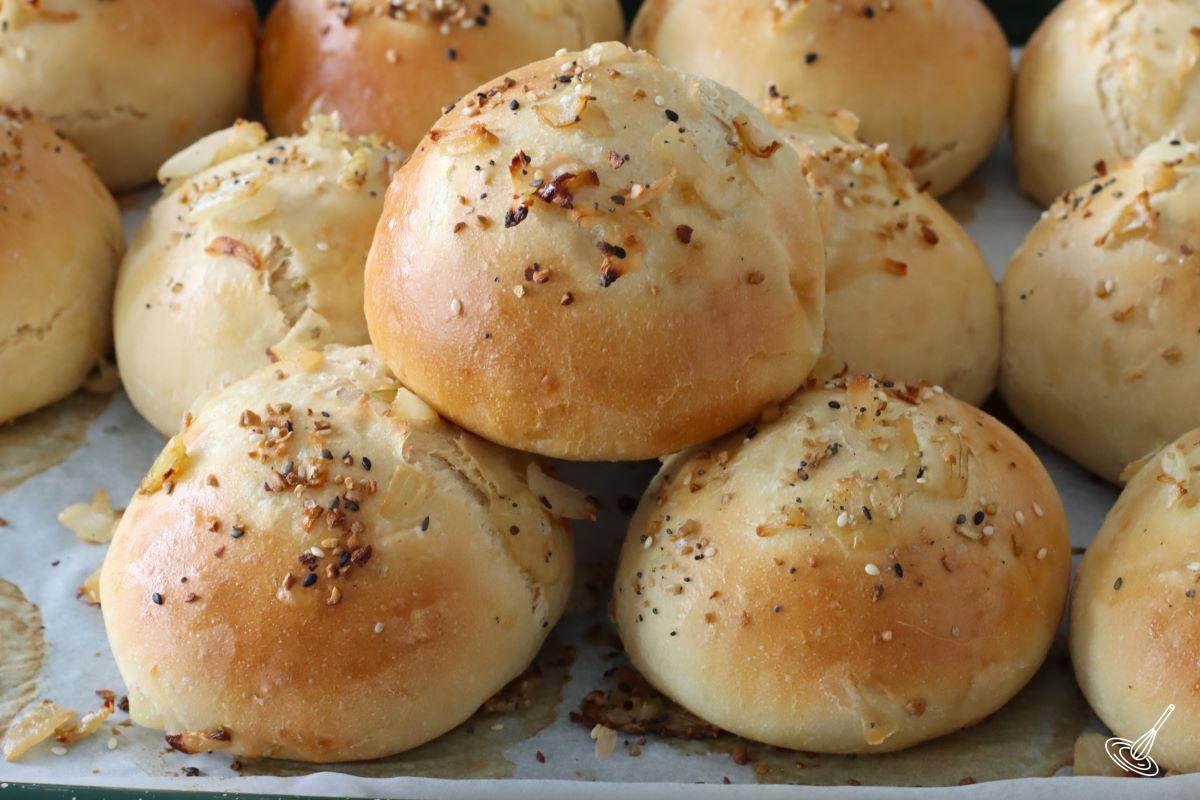 Soft Onion Rolls on a tray. 