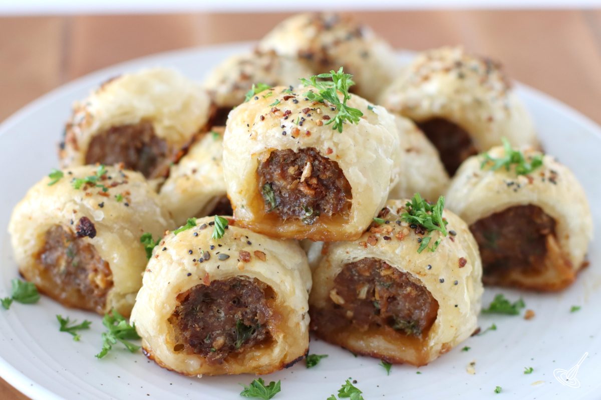 French Onion Sausage Rolls on a plate.