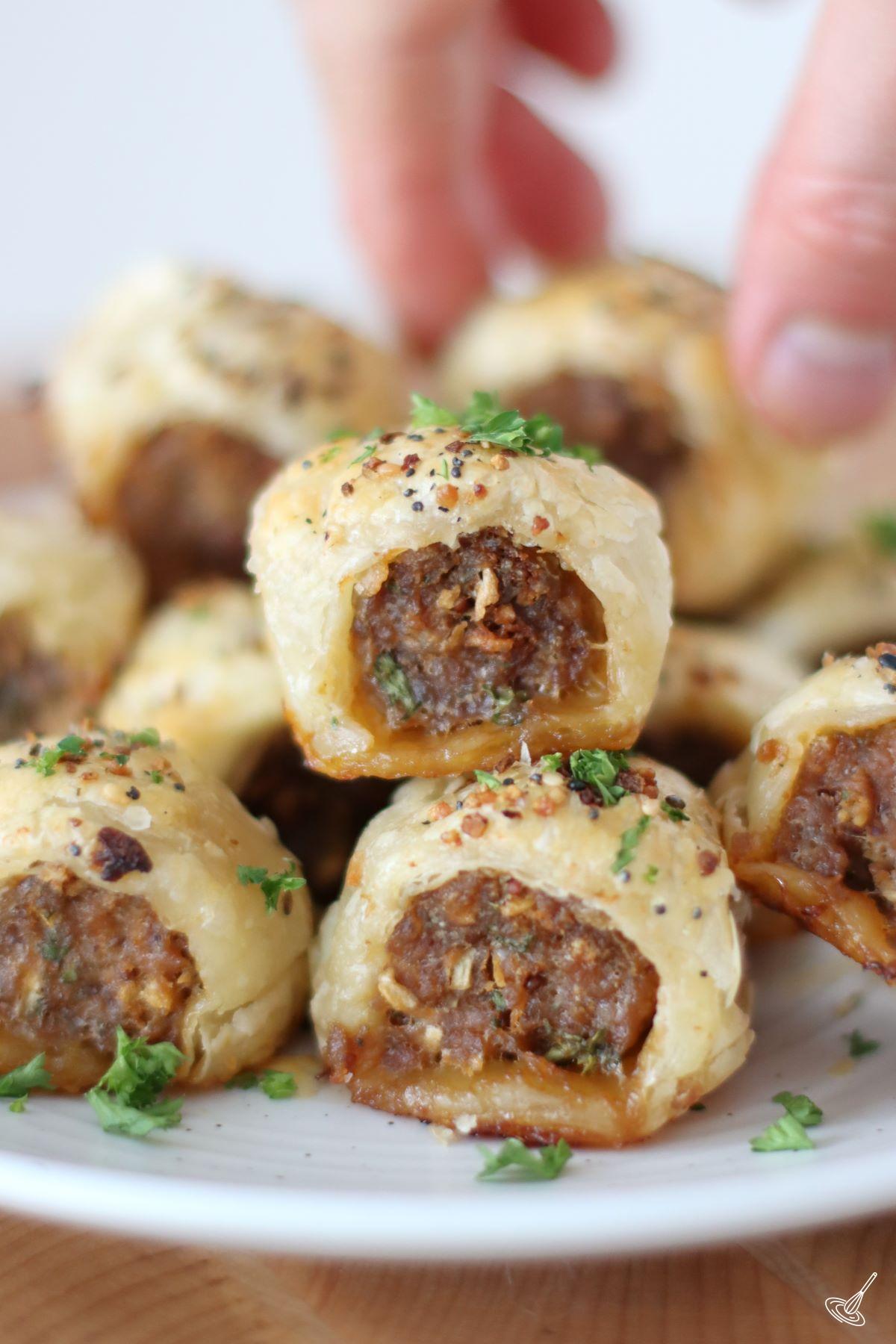 French Onion Sausage Rolls on a plate.