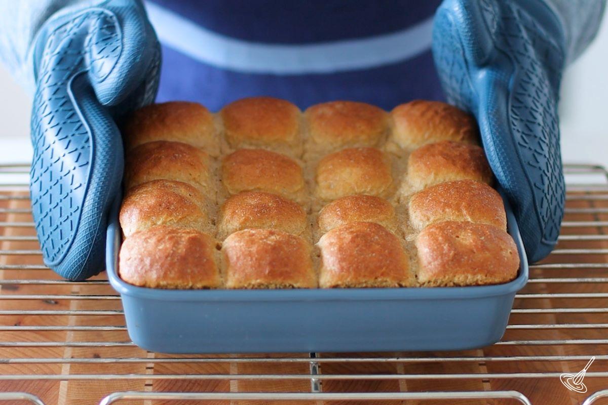 Baked Einkorn Dinner Rolls on a cooling rack. 