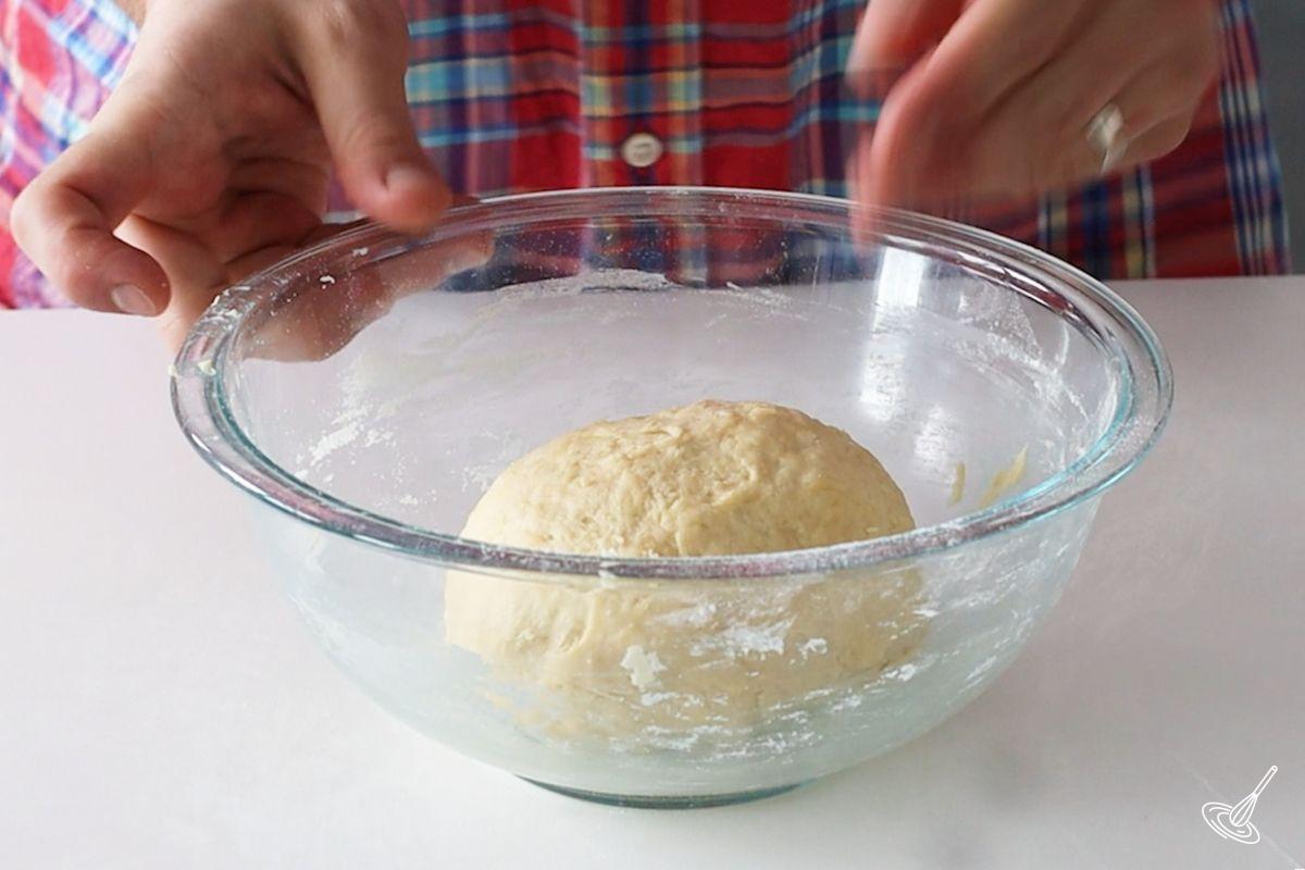 Pyrizhky Ukrainian Cabbage Buns dough in a bowl. 