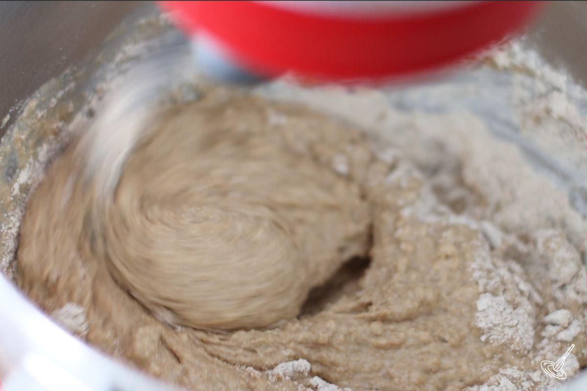 Einkorn Dinner Rolls dough mixing in a stand mixer.