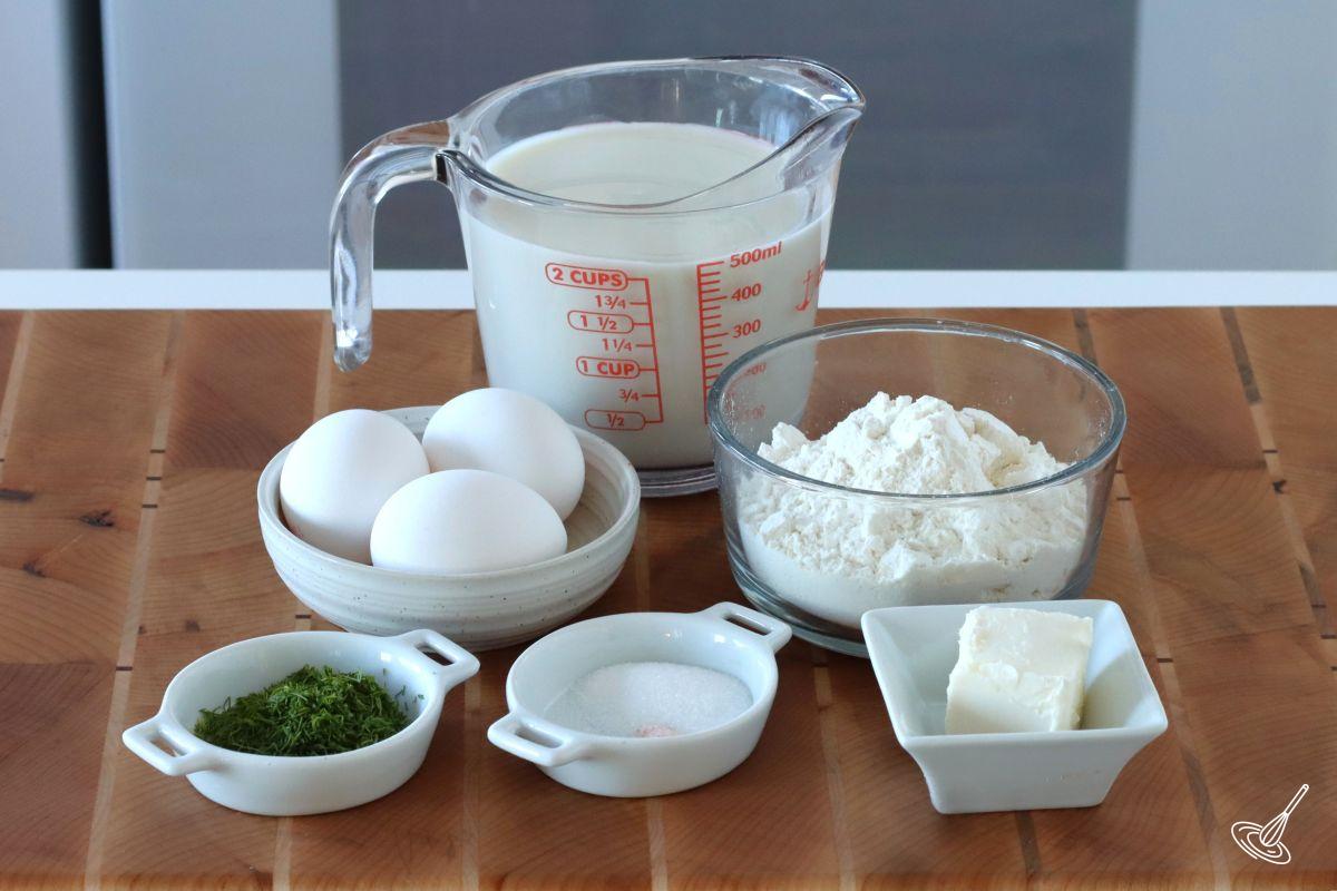 Ingredients on the counter to make Dill French Crêpes.
