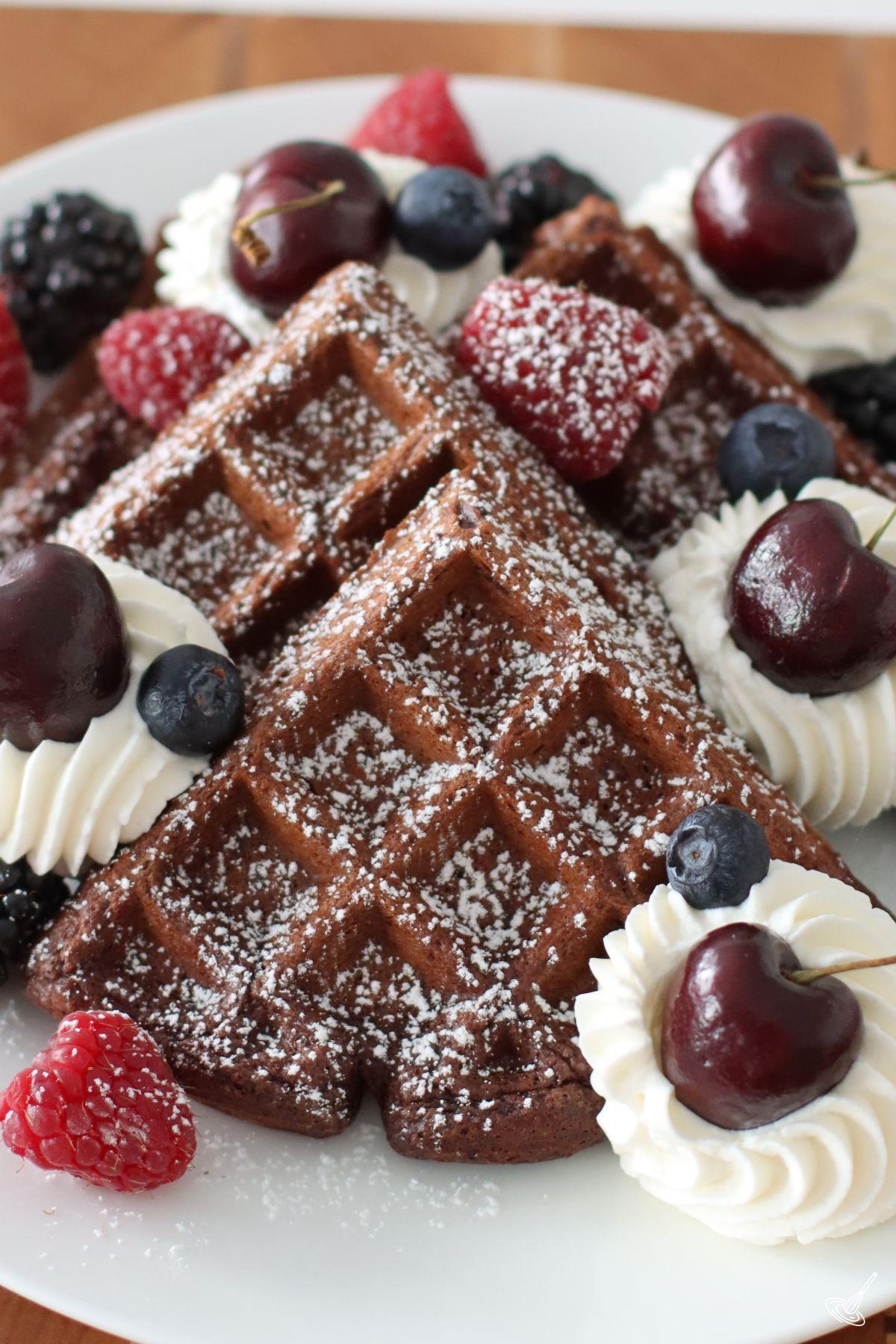 Chocolate Cottage Cheese Waffles on a plate with berries. 
