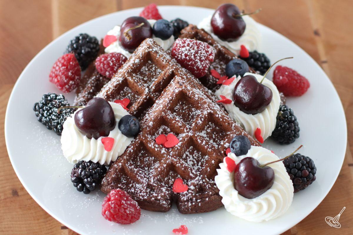 Valentines Day themes Chocolate Cottage Cheese Waffles with heart shaped sprinkles. 