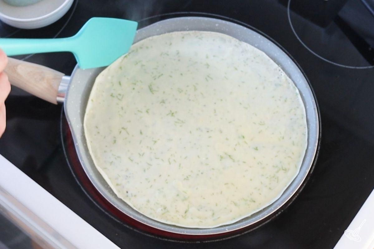 A Dill French Crêpes cooking in a Crepe Pan.