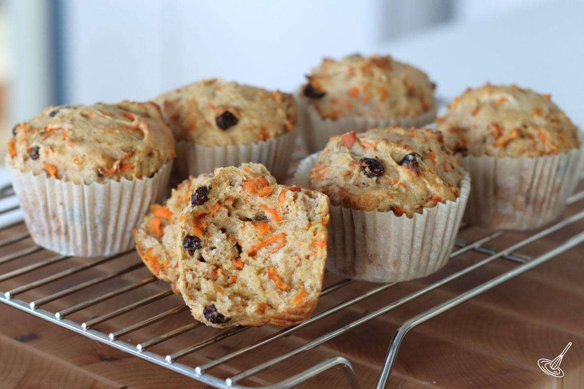 Carrot Cottage Cheese Muffins on a cooling rack.