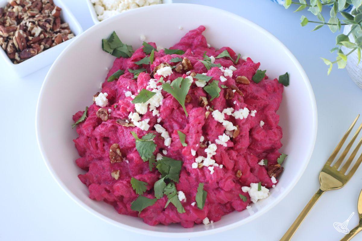 Roasted Beet and Feta Pasta in a bowl.