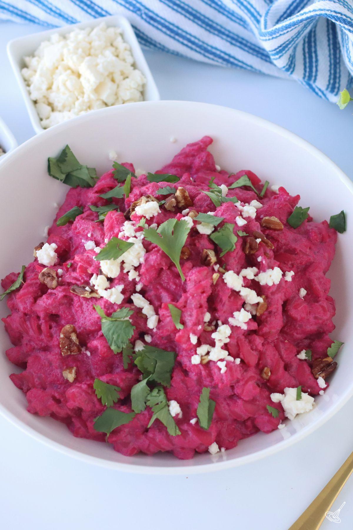 Roasted Beet and Feta Pasta in a bowl.