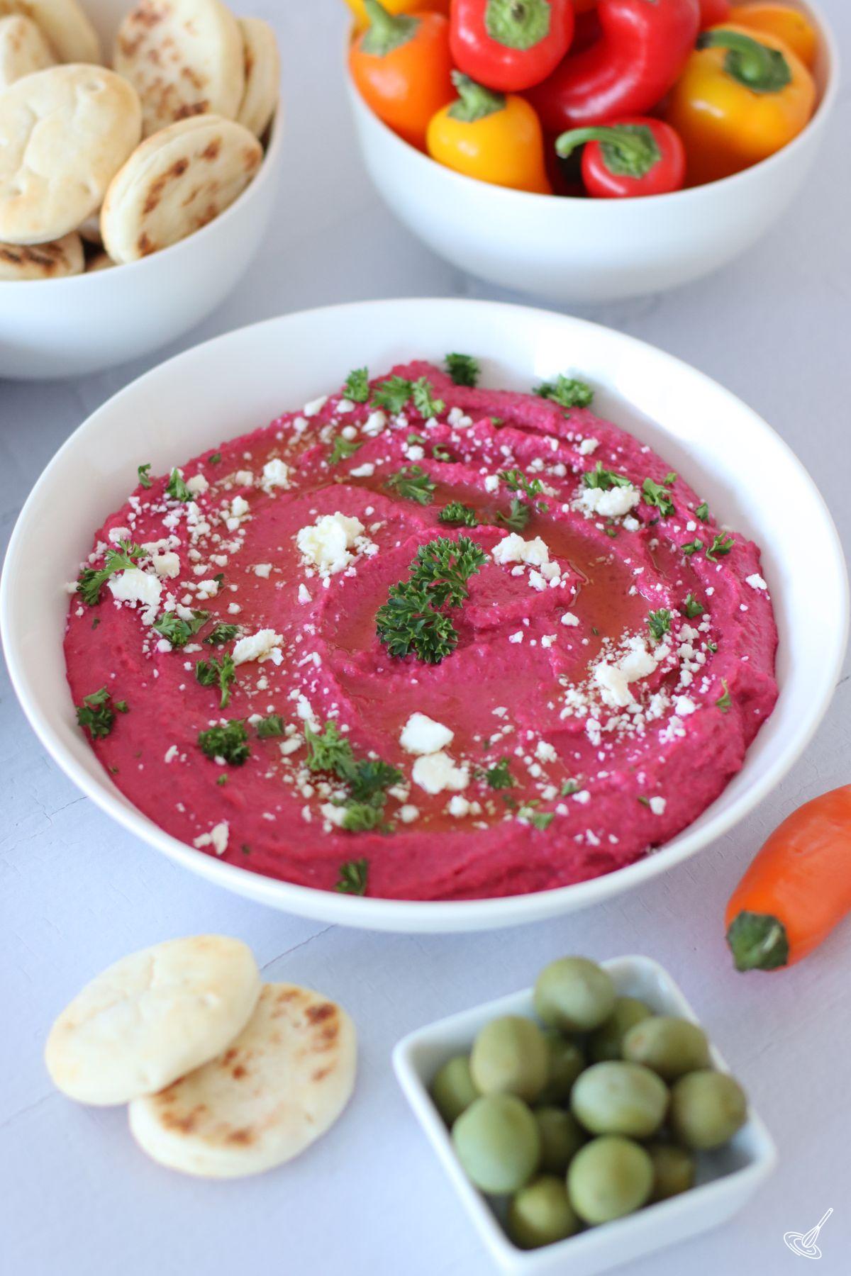 Roasted Beet and Lemon Hummus in a serving bowl.