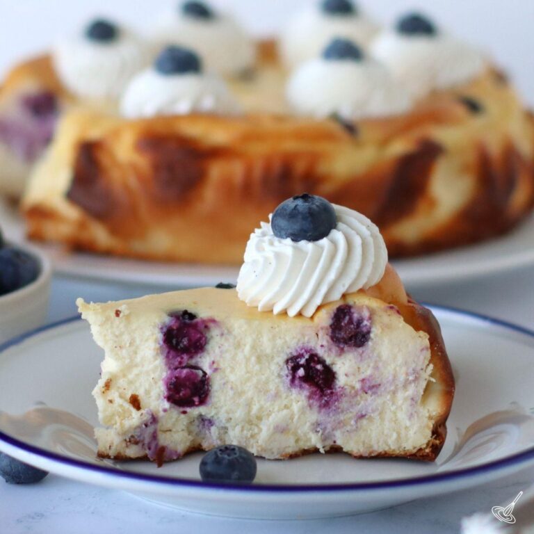 Blueberry Basque Cheesecake on a plate.