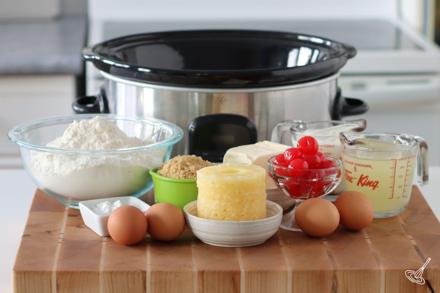 Ingredients on the counter to make Crockpot Pineapple Upside Down Cake.