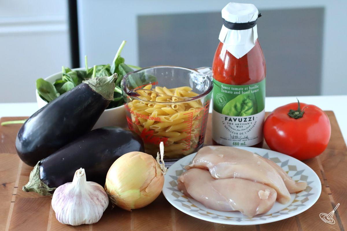 Ingredients on the counter to make Aubergine and Chicken Pasta.