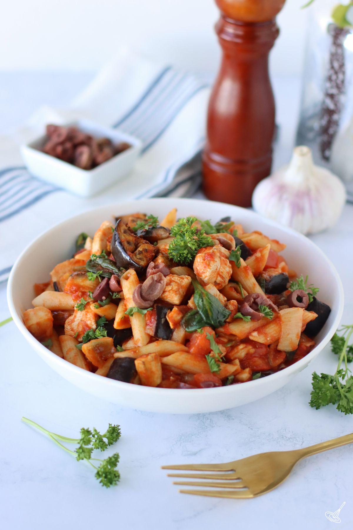 Aubergine and Chicken Pasta in a bowl.