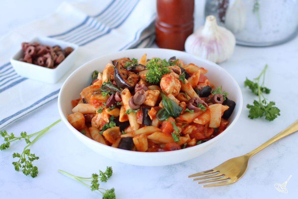 Aubergine and Chicken Pasta in a bowl.