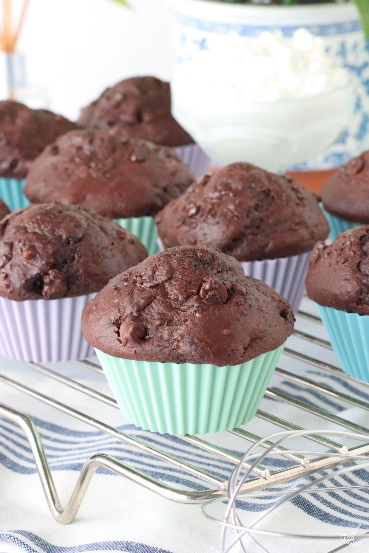 Chocolate Cottage Cheese Muffin on a cooling rack.
