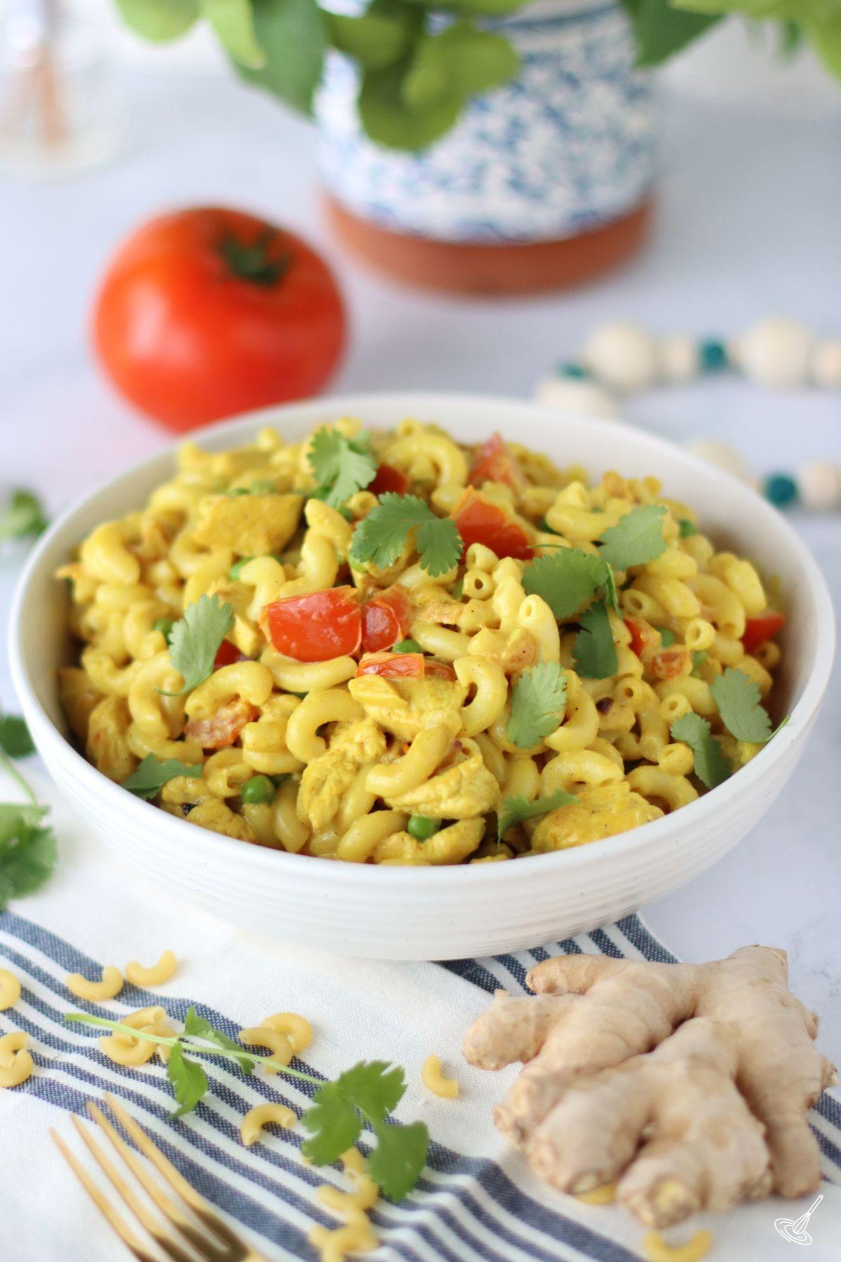 Chicken Curry Pasta in a white serving bowl.