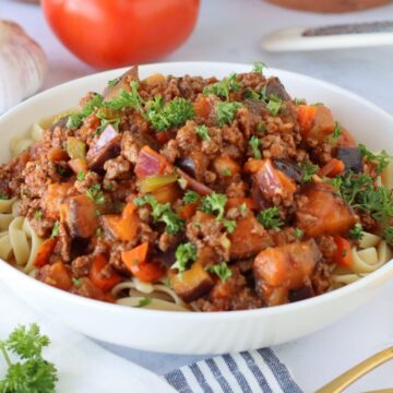 Aubergine Bolognaise Pasta in a bowl