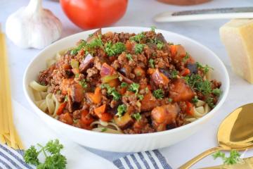 Aubergine Bolognaise Pasta in a bowl