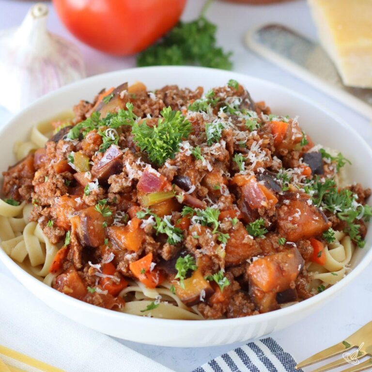 Aubergine Bolognaise over pasta.